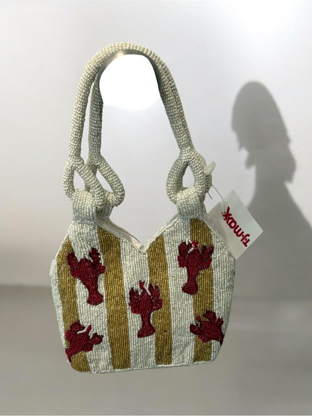 Manufactured in India Cream Beaded Tote with Gold Stripes & Red Lobster Motif